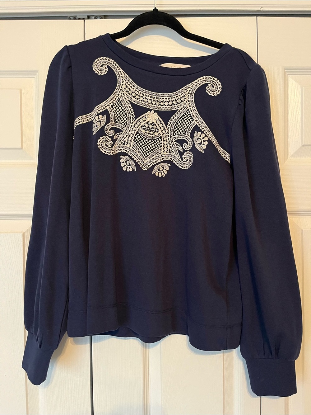 LOFT Navy Sweatshirt with White Lace Applique